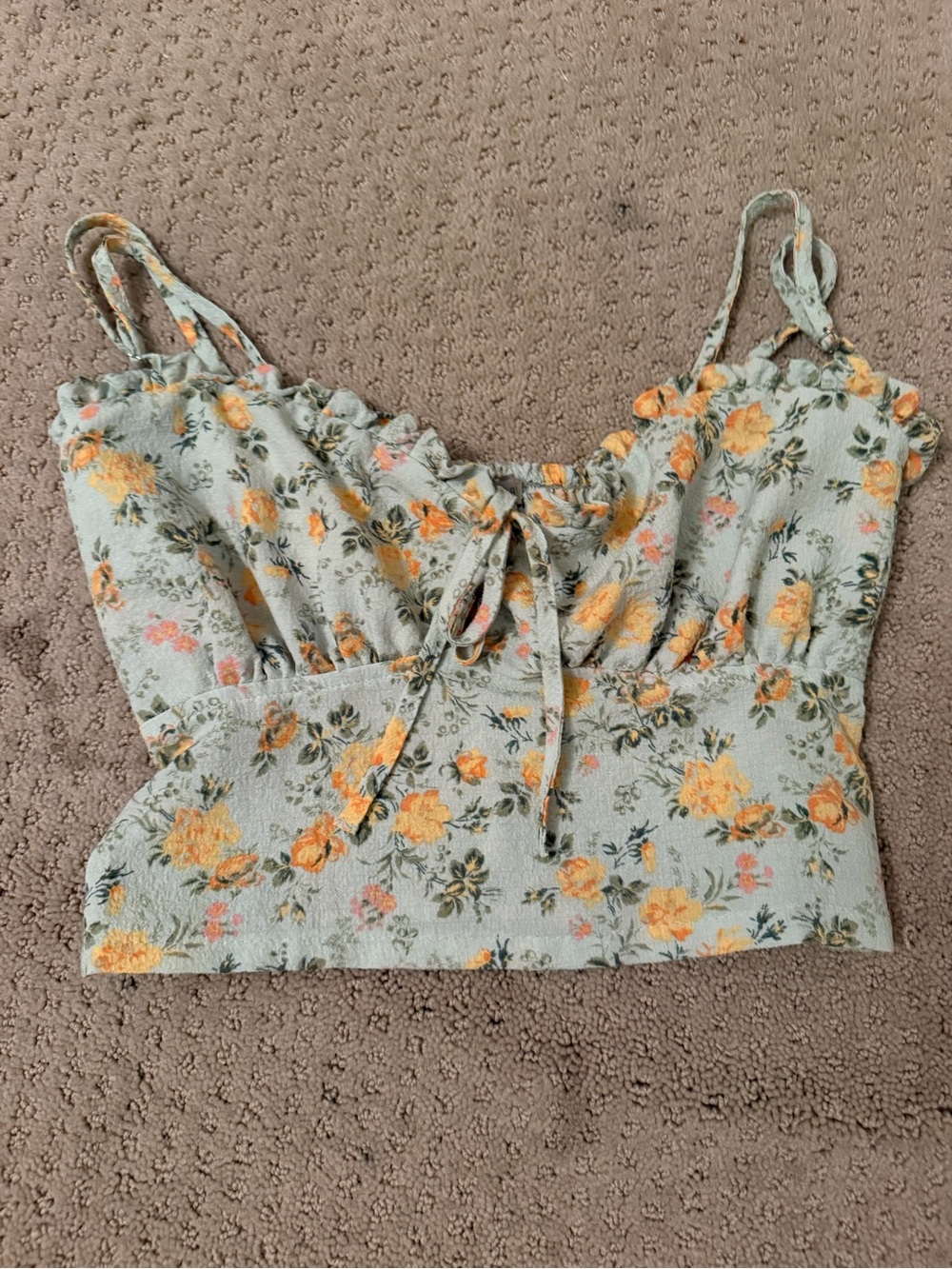 Love Tree Sage Green Floral Tie-Front Cami with Yellow & Pink Blooms